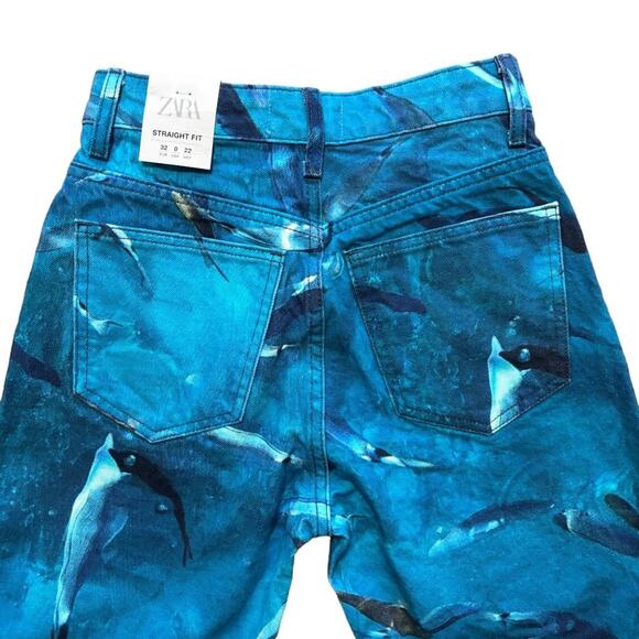 NWT ZARA Ocean Sea Life Fish Printed High Rise Straight Fit Jeans SZ 0 - Picture 6 of 12